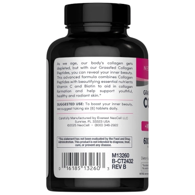Grass-Fed Collagen Peptides, com Vitamina C e Biotina, 6000mg, 180 Comprimidos, Neocell
