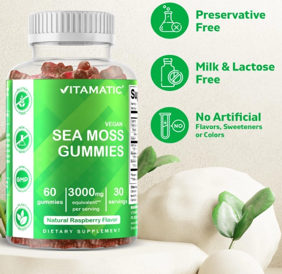 Irish Sea Moss 3000mg, Para Tireoide, Energia e Imunidade, 60 Gomas Sabor Framboesa, Vitamatic