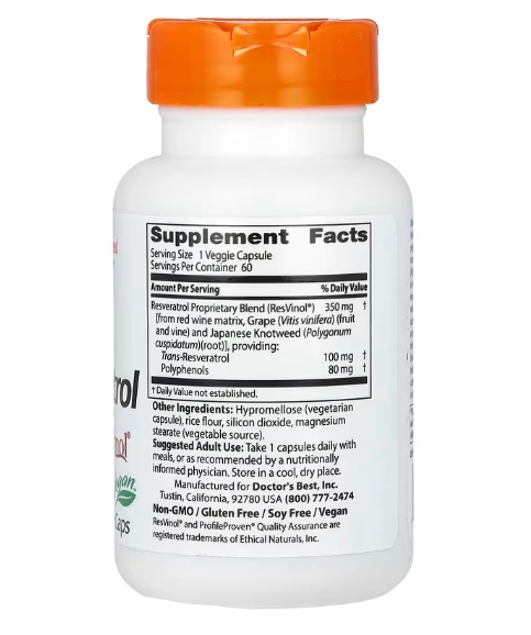 Trans-Resveratrol com ResVinol, 100mg, 60 Cápsulas, Doctor's Best