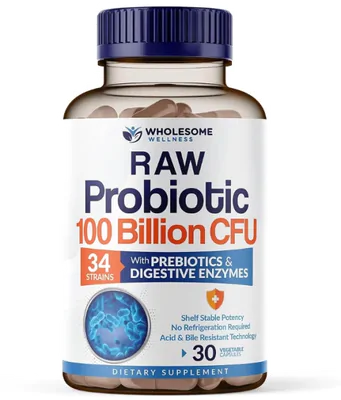 Probióticos Orgânicos Crus, 100 Bilhões CFU, Prebióticos e Enzimas Digestivas, 30 Cápsulas, Wholesome Wellness