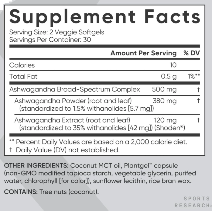 Ashwagandha 500mg, com Óleo MCT de Coco, 60 Cápsulas, Sports Research