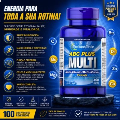 ABC Plus Multivitamínico e Multimineral Completo, Energia e Imunidade, 100 Caplets, Puritan’s Pride