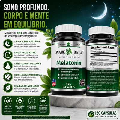 Melatonina, 5mg, Sono e Relaxamento, 360 Comprimidos, Amazing Formulas