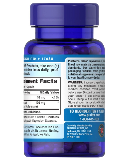 Hyaluronic Acid, Ácido Hialuronico 100mg, 60 Cápsulas, Puritan's Pride