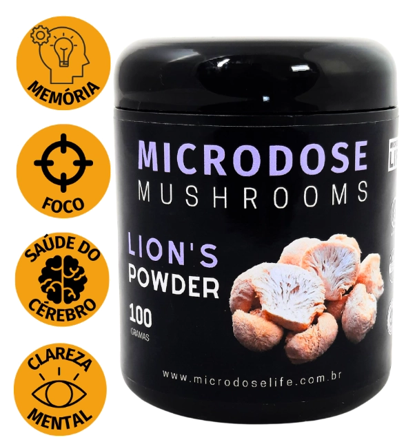 Extrato Lions's Mane Powder,  Juba de leão, 100g, Auxilio no Foco e Memória, Microdose Life