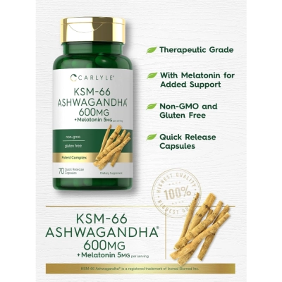 KSM-66 Ashwagandha 600mg + Melatonina 5mg, 70 Cápsulas, Carlyle