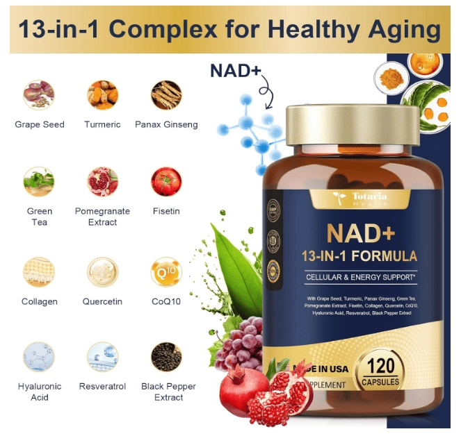 NAD 500mg + Nicotinamida Ribosídeo, Resveratrol, Quercetina e Betaína Boost, 120 Capsulas, Totaria