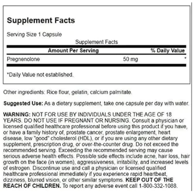 Pregnenolone (Extra forte) 50mg, 60 Cápsulas, Swanson