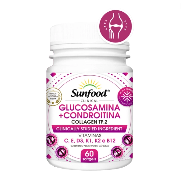 Glucosamina e Condroitina + Colágeno Tipo 2, 60 Cápsulas, Sunfood