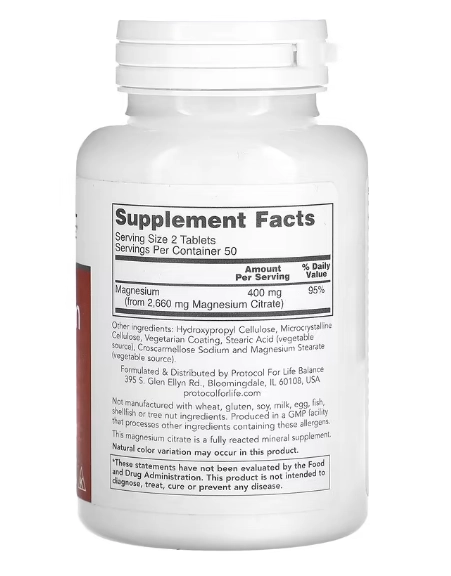 Magnésio Citrate, 100 Tablets, Protocol for Life Balance