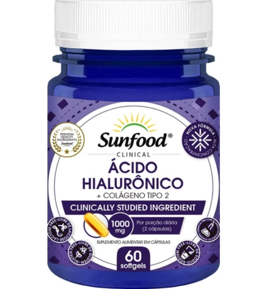 Ácido Hialurônico com Colágeno Tipo II, 1000mg, 60 Softgels, Sunfood