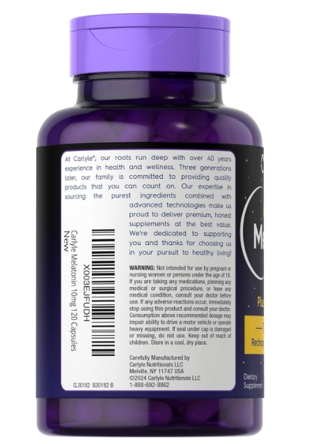 Melatonina 10mg Plus Ashwagandha, Força Tripla, 120 Cápsulas, Carlyle