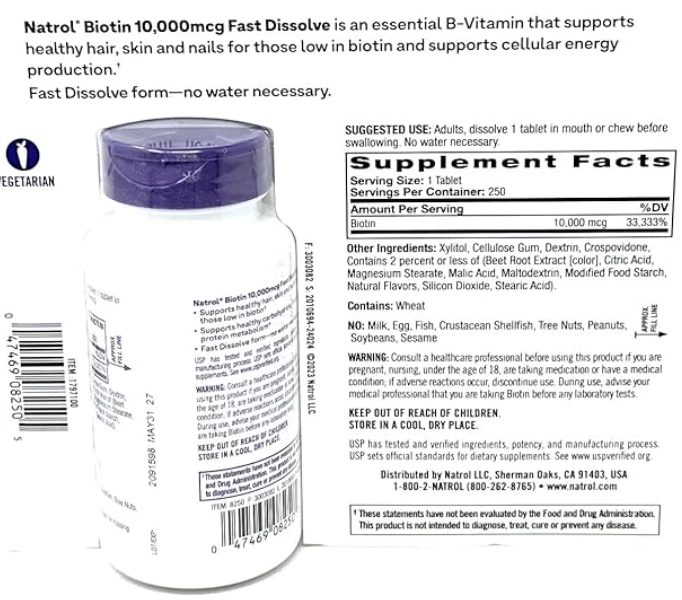Biotina 10000mcg, 250 Comprimidos Sublinguais sabor Morango, Natrol