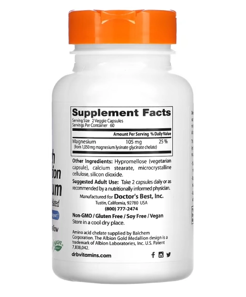 Magnésio de Alta Absorção, Glicinato de Lisinato, Quelatado, 52,5 mg, 120 Cápsulas , Doctor's Best