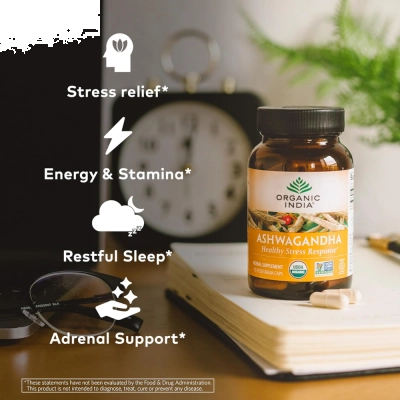 Ashwagandha 800mg, Redução do Estresse, Energia e Equilíbrio Diário, 180 Cápsulas, Organic India