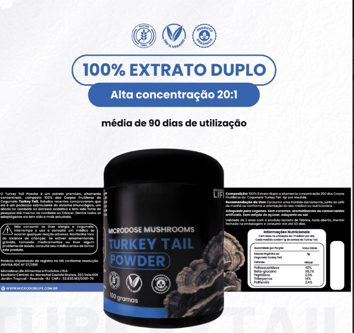 Extrato Puro e Concentrado, Cogumelo Turkey Tail, 100g em Pó, Microdose Life