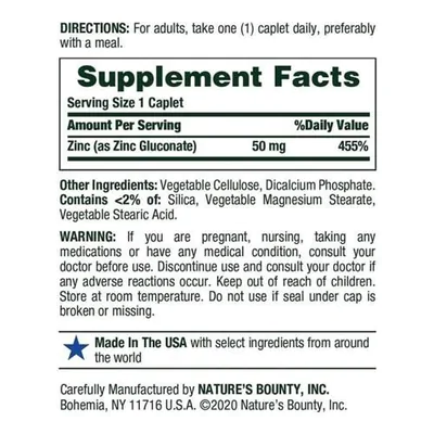 Zinco 50mg, 400 cápsulas, Nature's Bounty