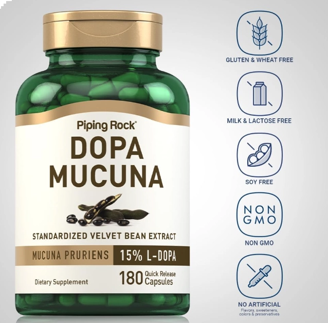 Dopa Mucuna 350mg, 15% L-Dopa, 180 Cápsulas, PipingRock