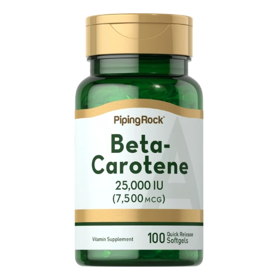Beta Caroteno, Vitamina A, 25.000UI, 100 Cápsulas, PipingRock