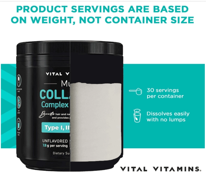 Peptídeos de Colágeno em Pó,  Tipo I, II, III, V, X, 235g Sem Sabor, Vital Vitamins
