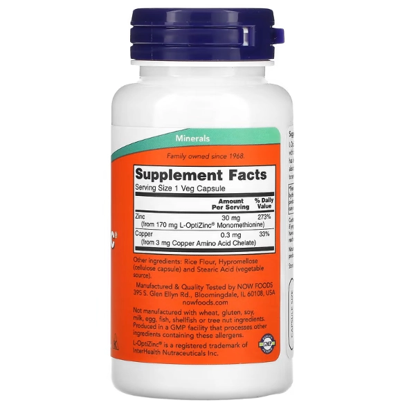L-OptiZinc, 30mg, 100 Cápsulas, Now