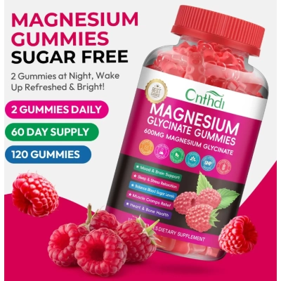 Magnésio Glicinato 600mg, com L-treonato, Groselha Preta, Cálcio e Vitamina B6,  120 Gomas Sabor Framboesa, CNFHDI