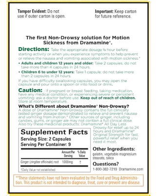 Sickness Non Drowsy, Previne e alivia náuseas e Enjoos, 18 cápsulas, Dramamine
