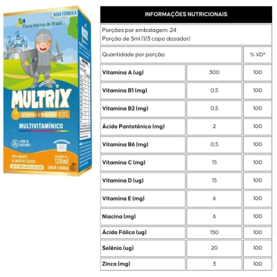 Kit 3 Unidades, MULTRIX (Xarope Infantil com Vitaminas de A a Z) Sabor Laranja, 120ml - Flora Nativa do Brasil