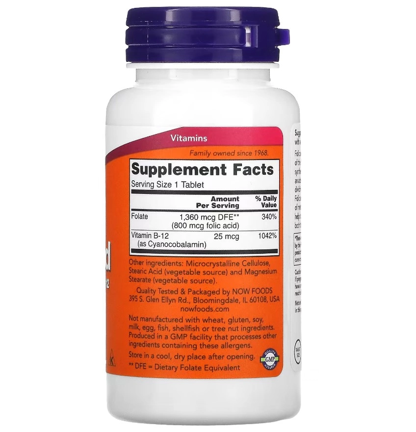 Ácido Fólico, Vitamina B-9, 800 mcg, 250 Comprimidos, Now