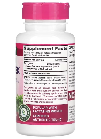 Fenugreek, 2000mg, 100 Capsulas Quick Release, Nature's Truth