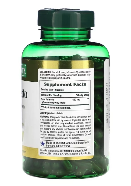 Saw Palmetto, 450mg, 250 Cápsulas, Nature's Bounty