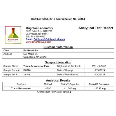 Trans-Resveratrol Veri-te™, 1000mg, 60 Cápsulas, ProHealth Longevity
