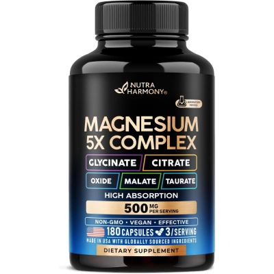Complexo de Magnésio 5 em 1, 500 mg, 180 Cápsulas, Nutra Harmony 