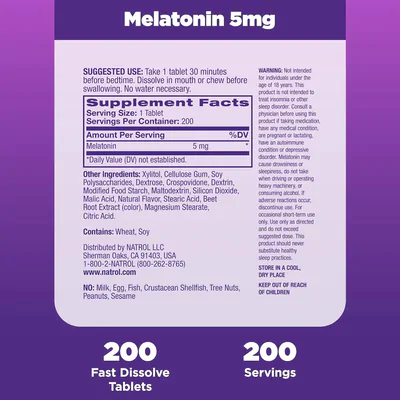 Melatonina 5mg, Fast Dissolve, 200 Comprimidos, Natrol