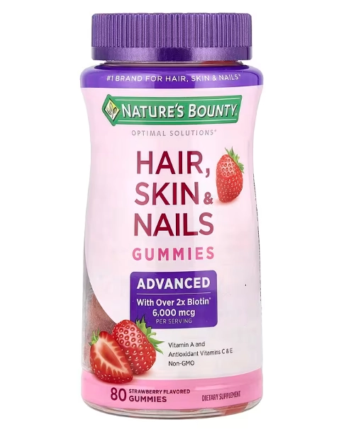 Hair, Skin & Nails, Com Biotina 6000mcg, 80 Gomas Sabor Morango, Nature's Bounty