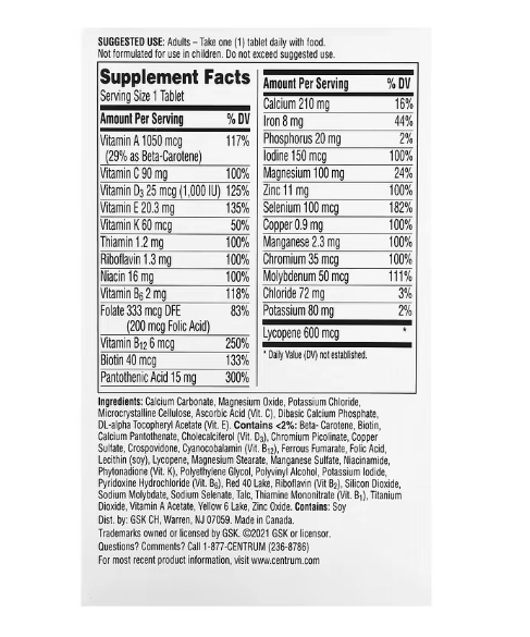 Centrum Men Multivitamínico, 120 Tablets, Importado