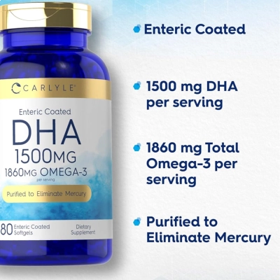 DHA 1500mg, Cérebro, Memória e Visão Saudável, Alta Concentração, 180 Softgels, Carlyle