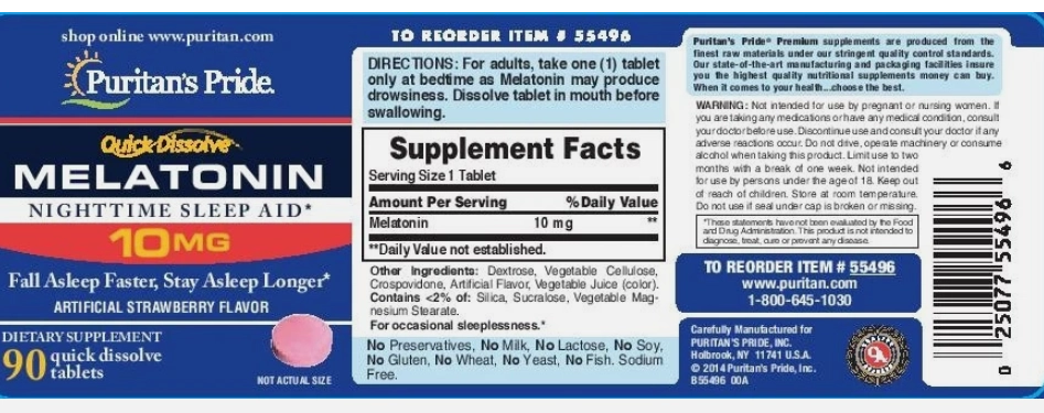 Melatonina, 10mg, 90 comprimidos Sublingual Sabor Morango, Puritan's Pride