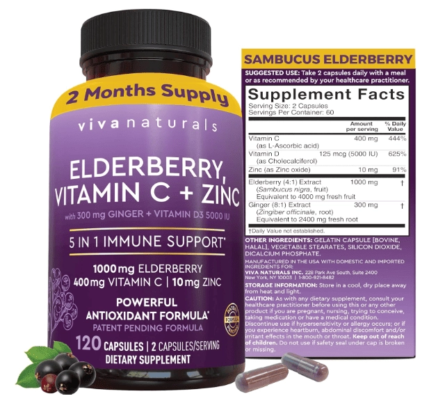 Elderberry, Sabugueiro Preto Sambucus, Com Vitamina C e D + Zinco, 120 Cápsulas, Viva Naturals