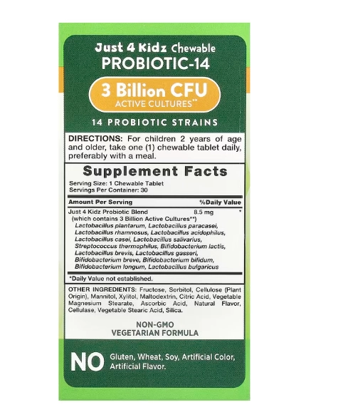 Probiótico-14 Just 4 Kidz, 3 Bilhões de UFC, 30 Comprimidos Mastigáveis, Nature's Truth