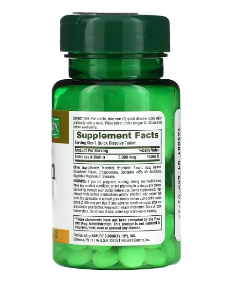 Biotina 5000mcg, 60 Comprimidos de Dissolução Rápida, Nature's Bounty