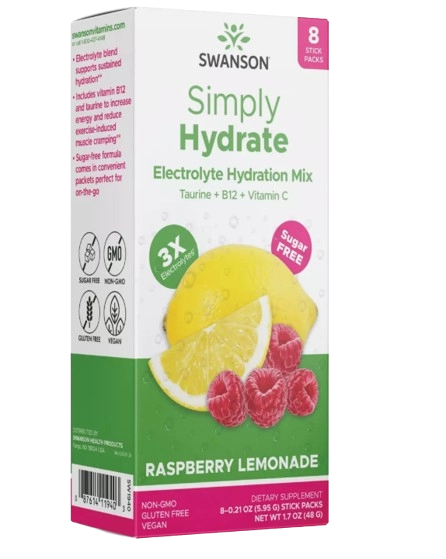 Simply Hydrate Electrolyte Hydration Mix, 8 Pacote 5,95g cada, Sabor Limonada de Framboesa, Swanson