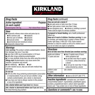 Acetaminofeno 500mg Extra Forte, 500 Comprimidos, Kirkland 