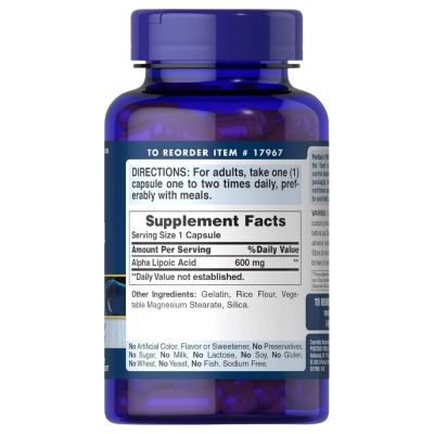 Ácido Alfa Lipóico, 600mg, Suporte Antioxidante e Metabolismo Energético, 120 Cápsulas, Puritan’s Pride