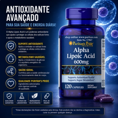 Ácido Alfa Lipóico, 600mg, Suporte Antioxidante e Metabolismo Energético, 120 Cápsulas, Puritan’s Pride
