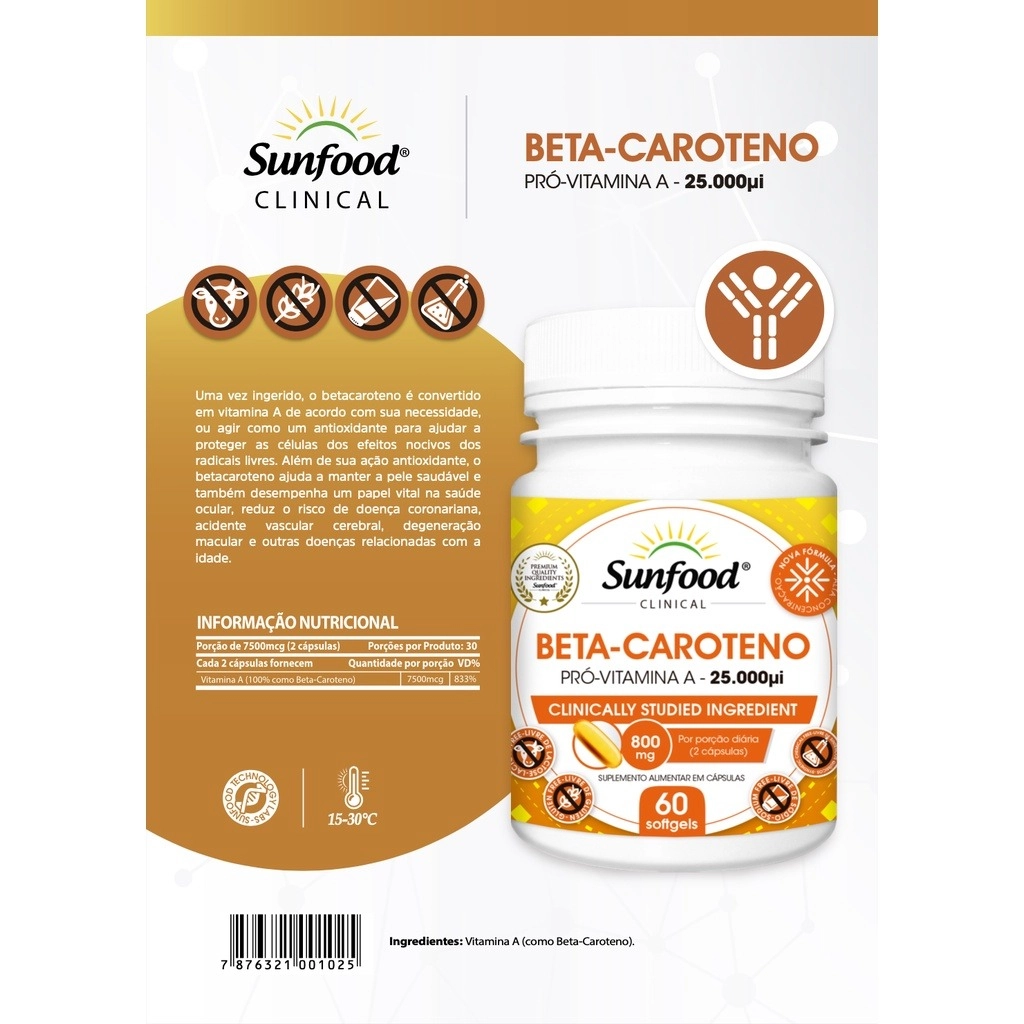 Beta Caroteno, Pró Vitamina A, 25.000ui (800mg), 60 softgels, Sunfood 