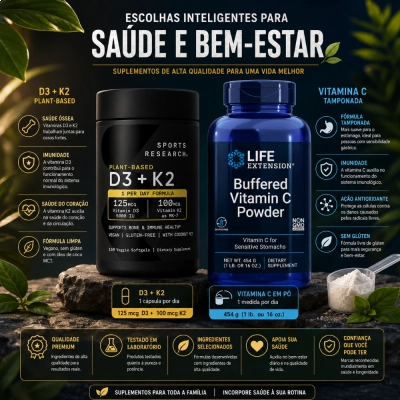 Kit Saúde Óssea e Imunidade, Vitamina D3 5000UI + Vitamina C Tamponada 4000mg, Sports Research + Life Extension