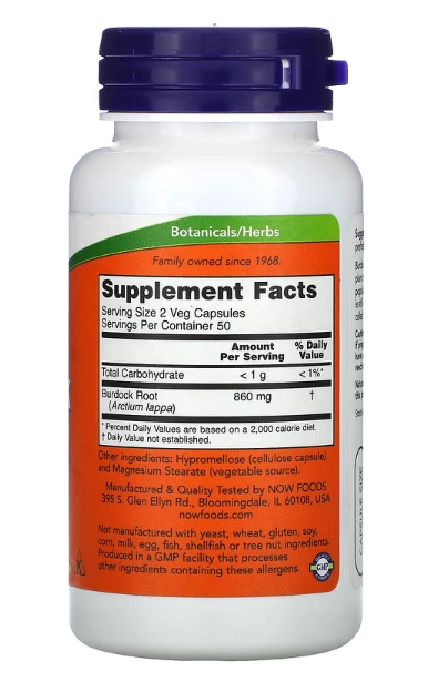 Burdock Root, Raiz de Bardana 430mg, 100 Cápsulas, Now