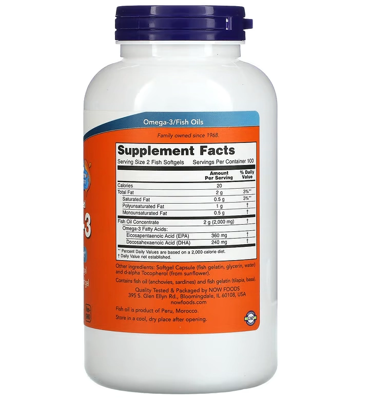Ômega-3, 1000mg, 180 EPA/120 DHA, 200 Cápsula Softgel, Now
