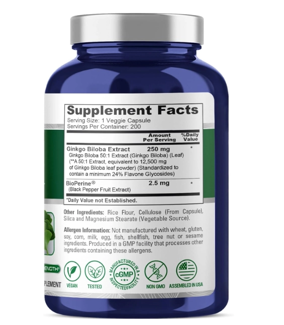 Ginkgo Biloba 12,500mg, 200 Cápsulas, NusaPure